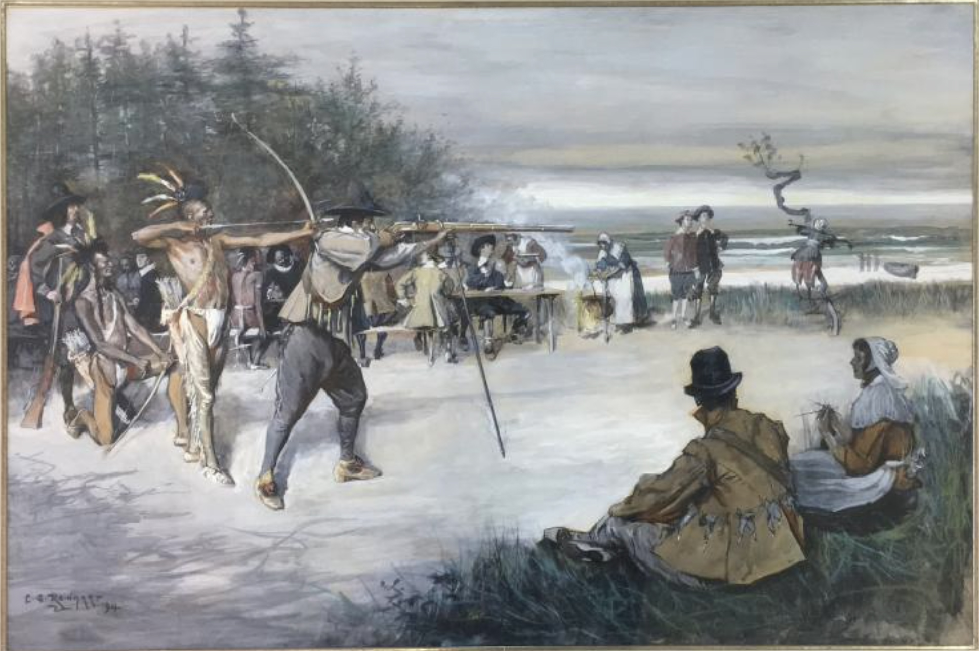Pilgrims and Native Americans compete in marksmanship.