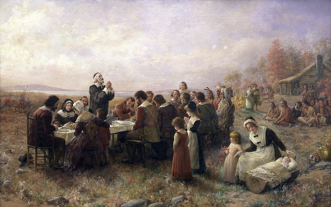 Painting of the first Thanksgiving at Plymouth.