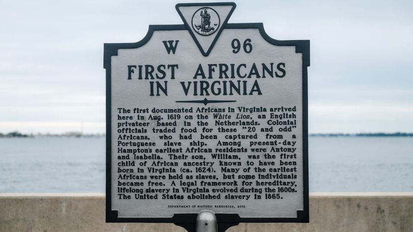 Historic marker commemorating arrival of first Africans in North America is 1619.