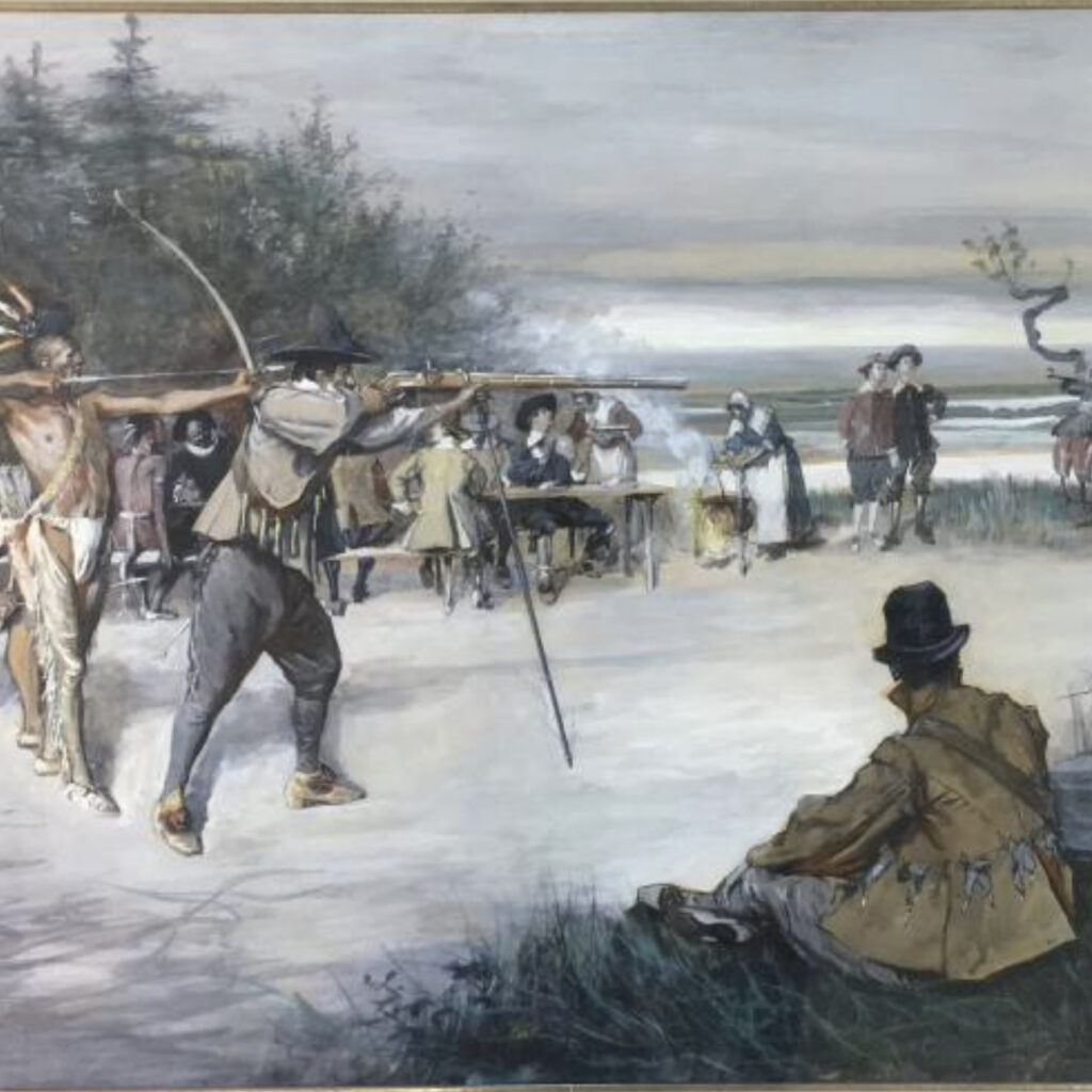 Pilgrims and Native Americans compete in marksmanship.