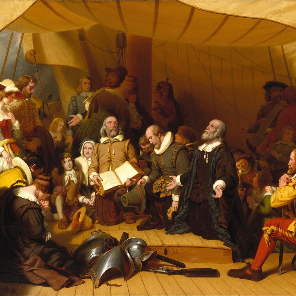 A group of Pilgrims depart Holland aboard the Speedwell.