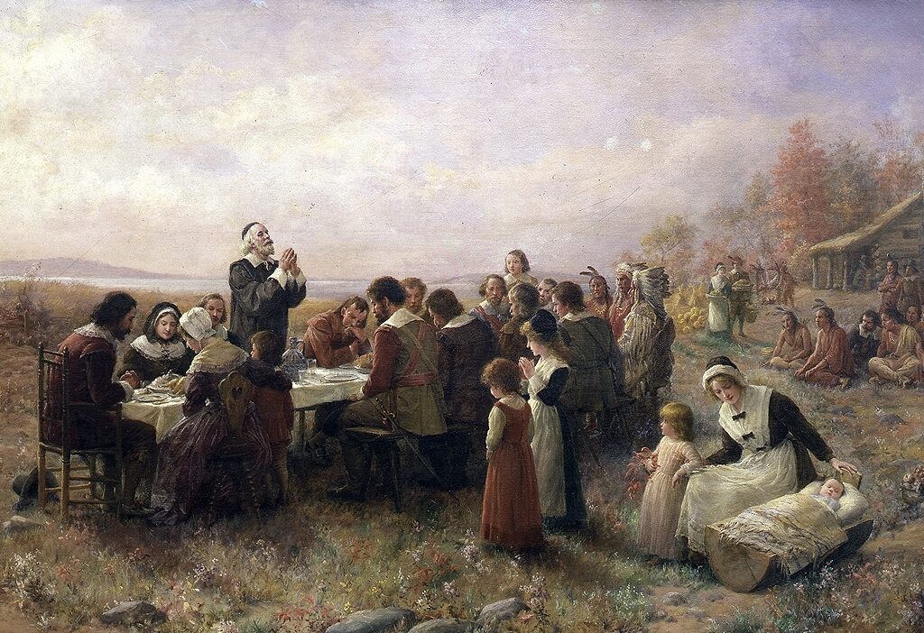Painting of the first Thanksgiving at Plymouth.