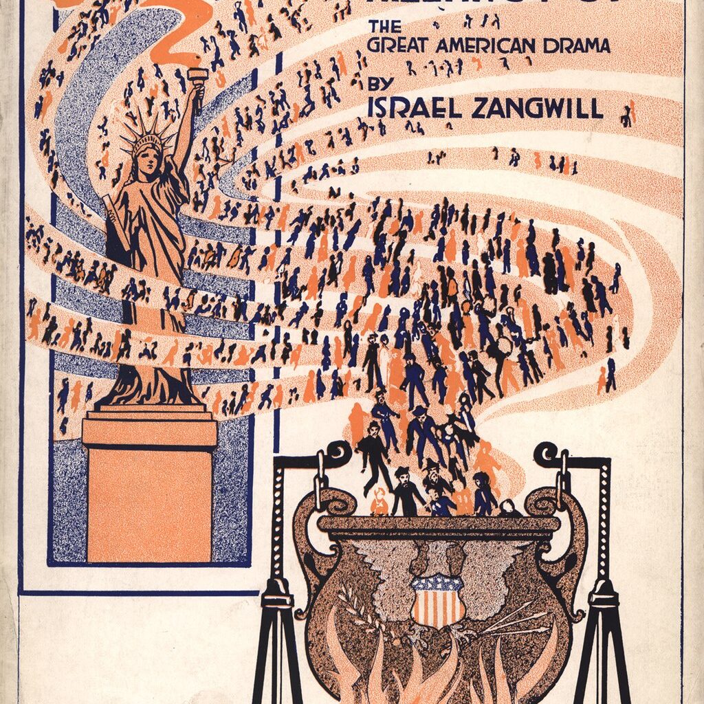 Illustration featuring the Statue of Liberty and dozens of immigrants being fed into a large "melting pot."